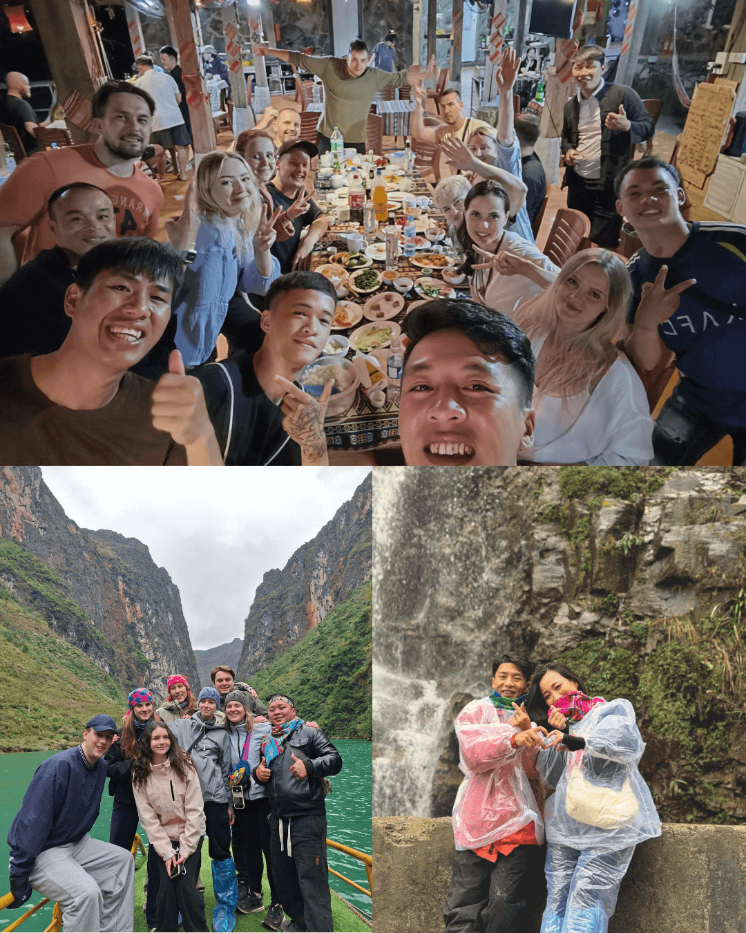 A collage showing travelers enjoying a traditional Vietnamese dinner, a group photo on a boat in Nho Que River, and a couple in raincoats at a Ha Giang waterfall.